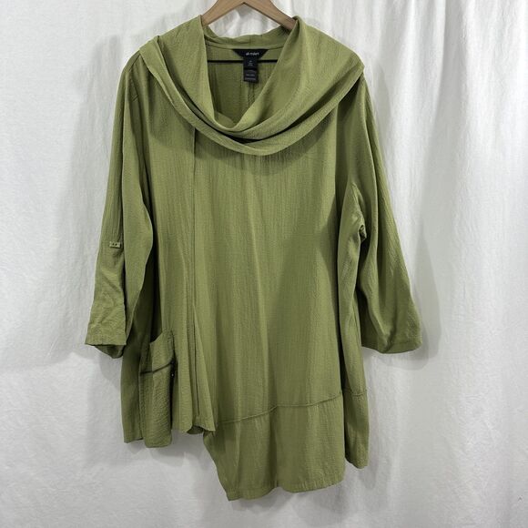 Ali Miles Green Cowl Neck Asymmetric Tunic Top Womens 2X Art to Wear Lagenlook - Picture 1 of 11